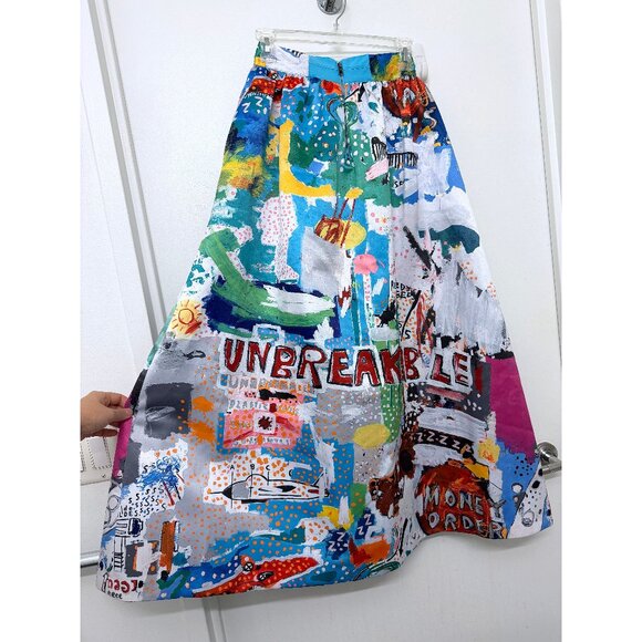 Alice + Olivia Basquiat Unbreakable Print Tina Maxi Skirt Blue Doodle Paint 2 - Picture 10 of 12